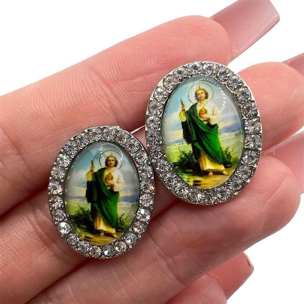 San Judas St. Jude Religious Crystal Rhinestone Silver Tone Oval Post Earrings - Picture 3 of 4
